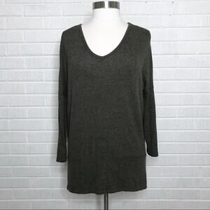 Moa Moa Small S Dark Olive Green Soft V Neck Top 3/4 Sleeve Made in USA Womens